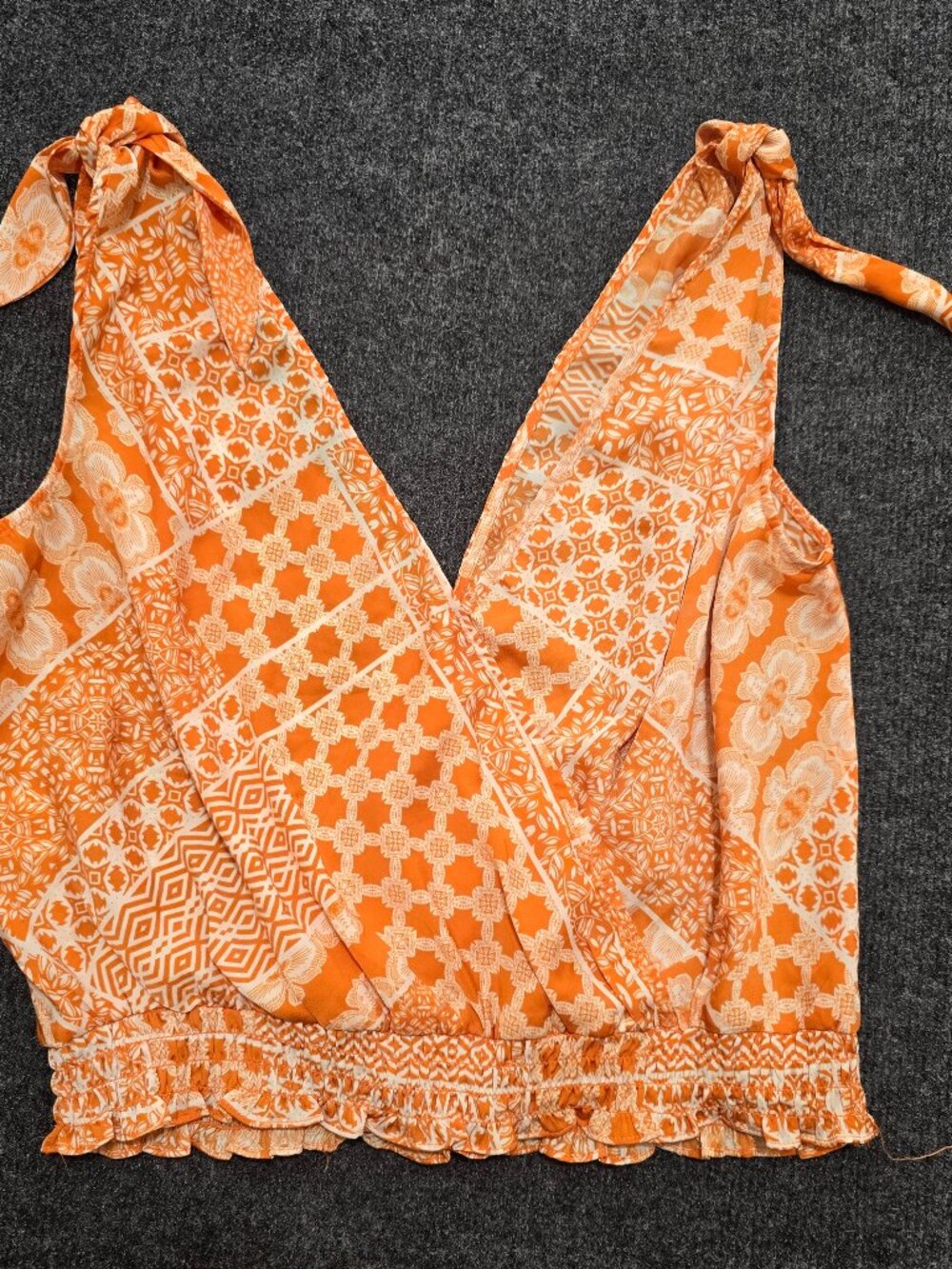 Rose + Olive Sleeveless Top XS NWT Orange Boho Patchwork Shoulder Tie Ruffle Hem